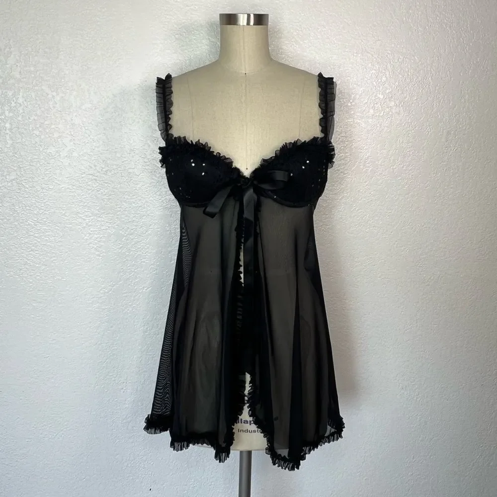 NWOT VS Victoria’s Secret black sparkle ruffle teddy Y2K mini slip dress 36B